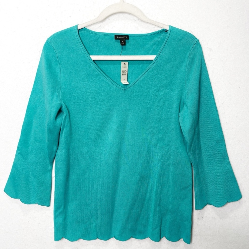 Talbots Scalloped Detail Aqua Teal Cotton Blend Top V Neck Size Medium Bright